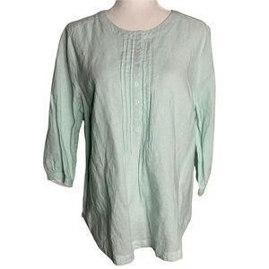 Dash Linen Blend Tunic Top L Green Stripe Pleated Buttons 3/4 Sleeve Round Neck